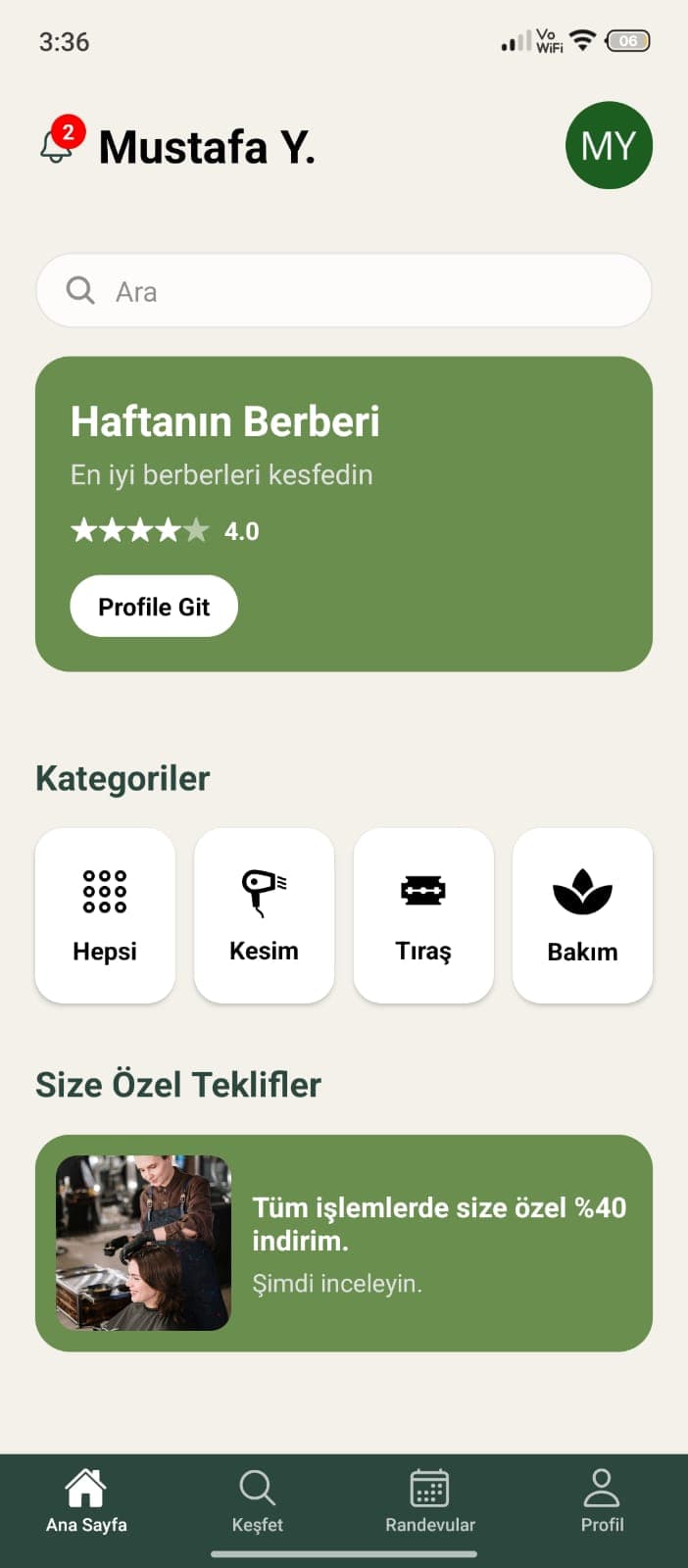 Kuaförün uygulamasının ana sayfa ekranı