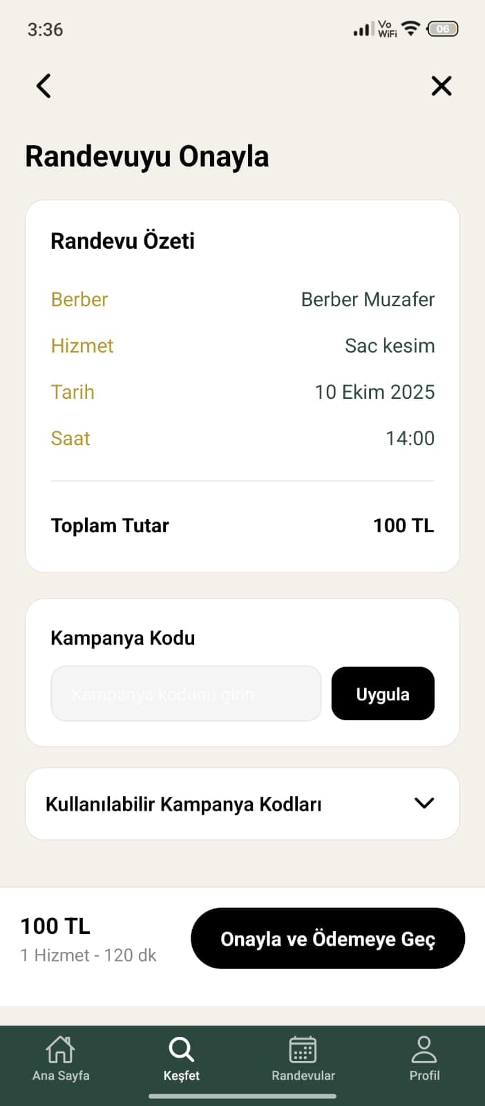 Kuaförün uygulamasında randevu oluşturma ekranı